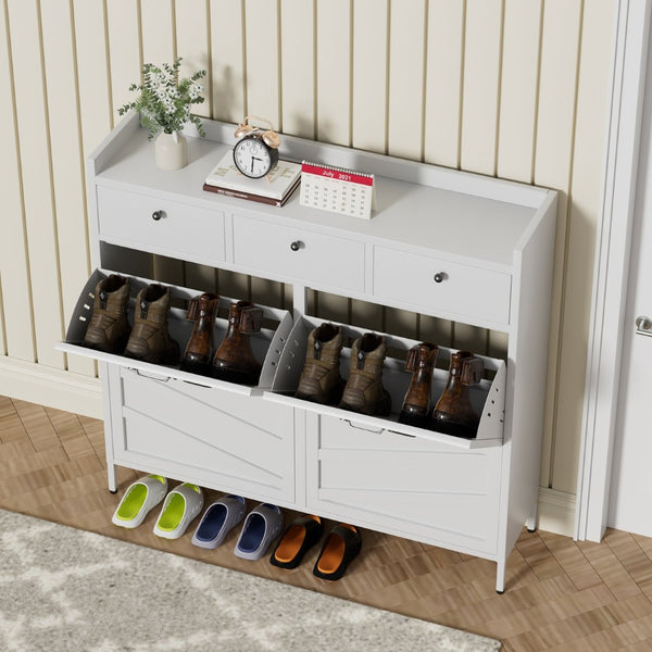 English Elm Metal Powder Coated Steel Shoe Cabinet Slim Entryway Organizer with Seven Drawers White T2398P413026