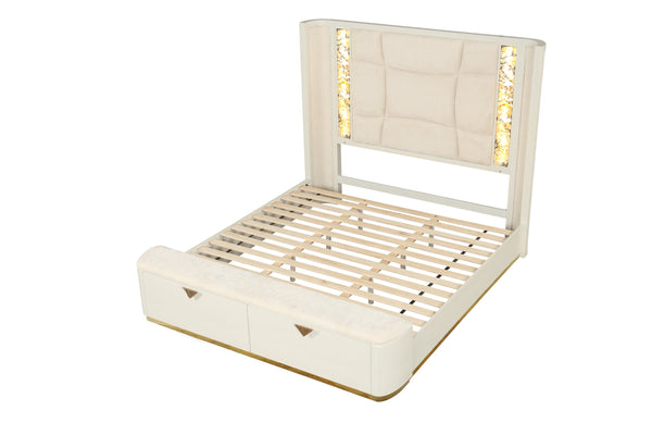 English Elm La Pierre King Upholstered Bed with Ambient LED Headboard, Storage Drawers, Gold Accents, Beige Modern Luxury B009S01448