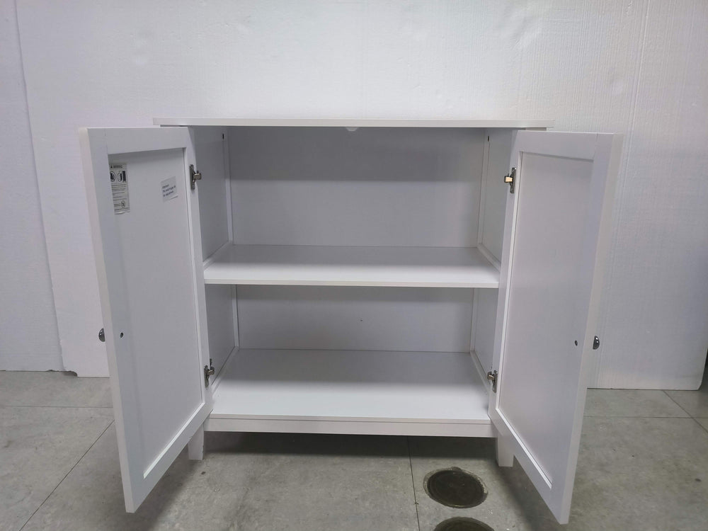 English Elm White Mid-Century Double Door Storage Cabinet with Silver Knobs — Versatile MDF Buffet for Home Organization W1706P324561