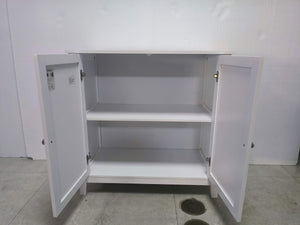 English Elm White Mid-Century Double Door Storage Cabinet with Silver Knobs — Versatile MDF Buffet for Home Organization W1706P324561