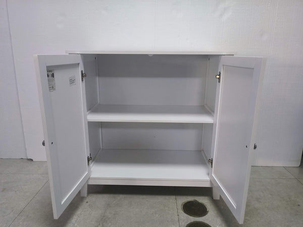 English Elm White Mid-Century Double Door Storage Cabinet with Silver Knobs — Versatile MDF Buffet for Home Organization W1706P324561