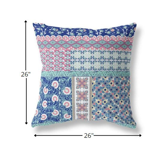 Homeroots 26” Blue Pink Patch Indoor Outdoor Zippered Throw Pillow   410958