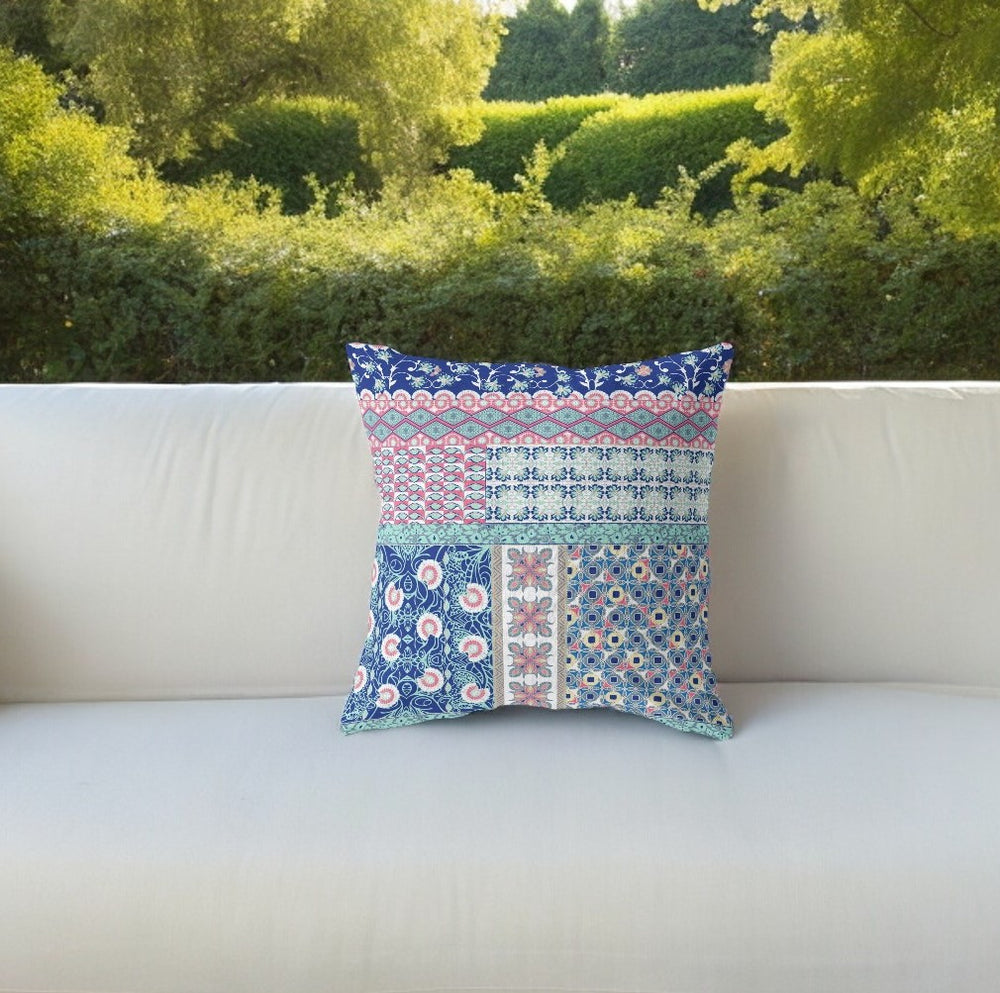 Homeroots 26” Blue Pink Patch Indoor Outdoor Zippered Throw Pillow   410958
