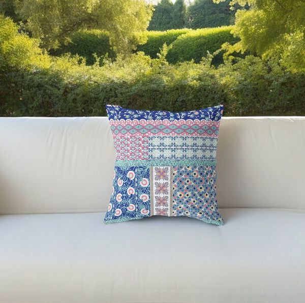 Homeroots 26” Blue Pink Patch Indoor Outdoor Zippered Throw Pillow   410958