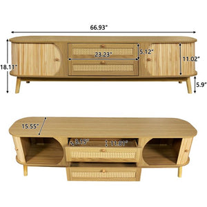 English Elm Rattan Modern Farmhouse TV Stand for TVs up to 75" – Sliding Doors, Rattan Drawers, Solid Wood Legs N710P174917Q