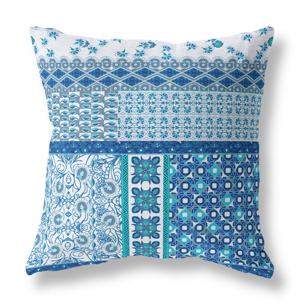 Homeroots 26” Blue White Patch Indoor Outdoor Zippered Throw Pillow   410963
