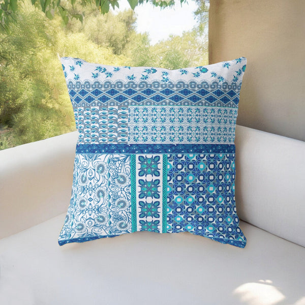 Homeroots 26” Blue White Patch Indoor Outdoor Zippered Throw Pillow   410963