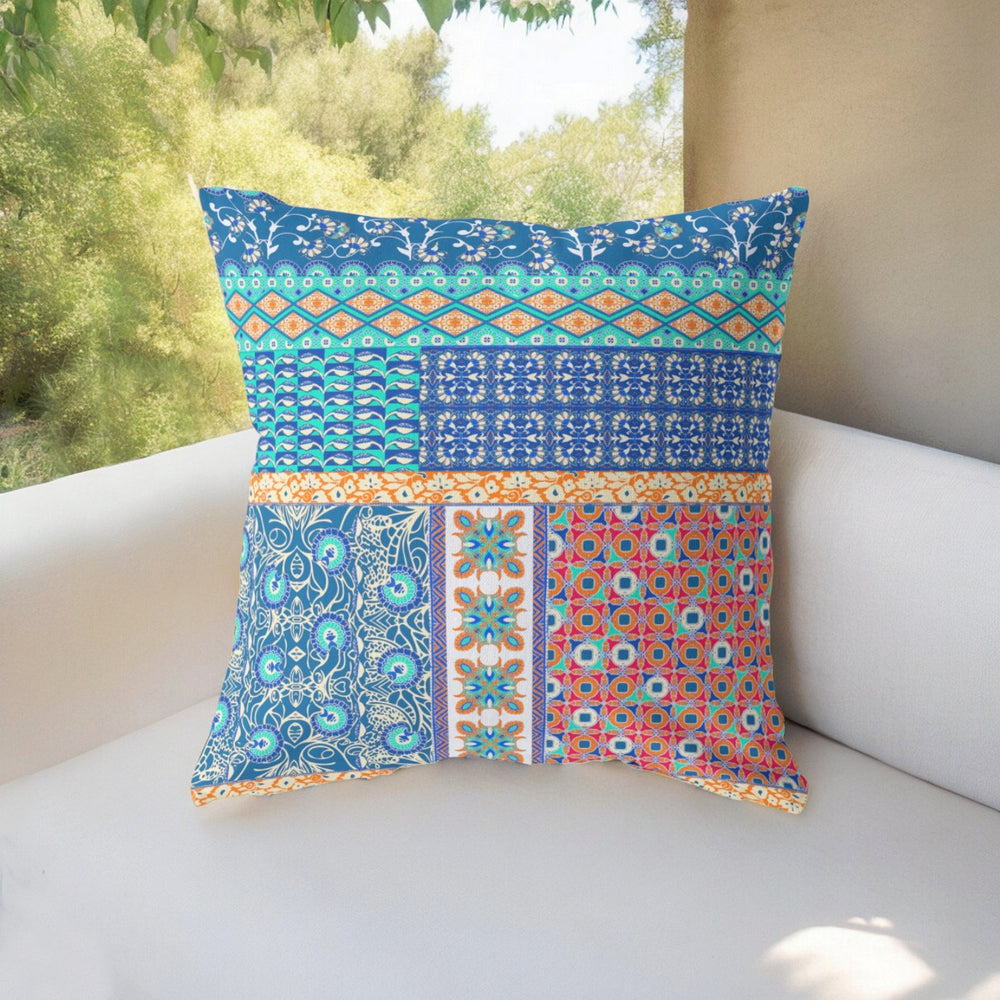 Homeroots 26” Blue Orange Patch Indoor Outdoor Zippered Throw Pillow   410968
