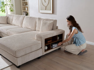 English Elm Convertible U-Shaped Sofa With Storage, Cozy Corduroy Fabric, Modern 4-Seat Design For Living Rooms W1793S00027