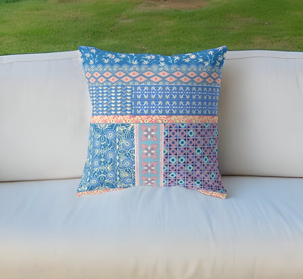 Homeroots 26” Blue Yellow Patch Indoor Outdoor Zippered Throw Pillow   410978