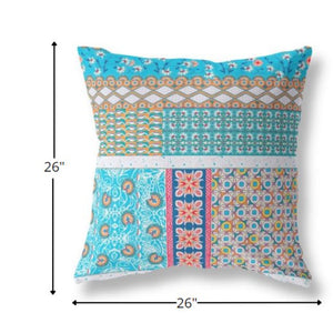 Homeroots 26” Turquoise White Patch Indoor Outdoor Zippered Throw Pillow   410983