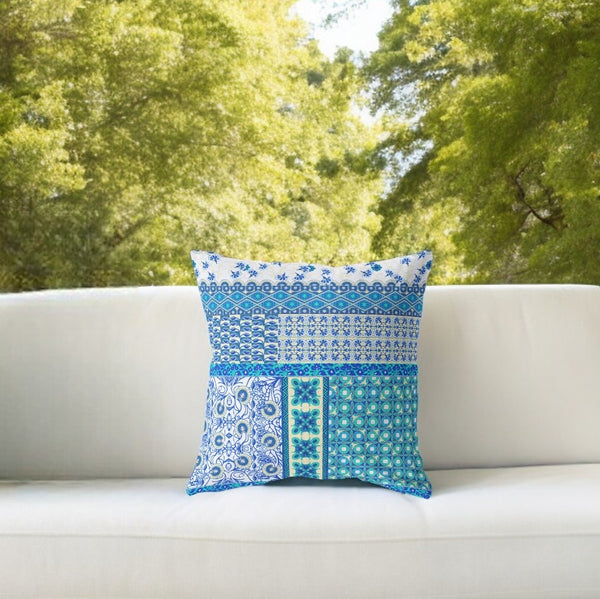 Homeroots 26” Turquoise Blue Patch Indoor Outdoor Zippered Throw Pillow   410998