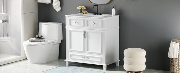 English Elm 30'' Bathroom Vanity with Sink - Retro Solid Wood Frame, Ceramic Basin, Soft-Close Doors & Ample Storage White N710P190656K