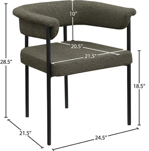 Meridian Furniture Malin Upholstered Dining Chair with Matte Black Iron Frame for Modern Rooms Olive Boucle Fabric 410Olive-C