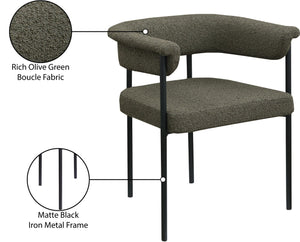 Meridian Furniture Malin Upholstered Dining Chair with Matte Black Iron Frame for Modern Rooms Olive Boucle Fabric 410Olive-C