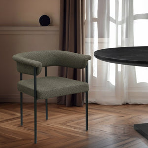 Meridian Furniture Malin Upholstered Dining Chair with Matte Black Iron Frame for Modern Rooms Olive Boucle Fabric 410Olive-C