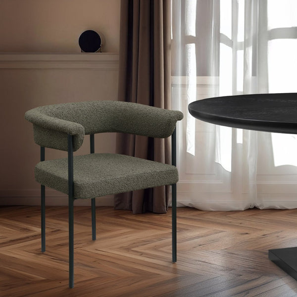 Meridian Furniture Malin Upholstered Dining Chair with Matte Black Iron Frame for Modern Rooms Olive Boucle Fabric 410Olive-C