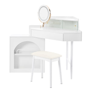 English Elm Corner Makeup Vanity Desk with 360° Rotating LED Mirror, Adjustable Brightness, L-Shaped Corner Design and Pull-Out Storage for Small Spaces White N844P263663A