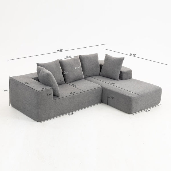 English Elm Full Foam Modular L-shaped Sectional Sofa Flannelette Upholstered with Five Throw Pillows Grey-Blue W3326S00024