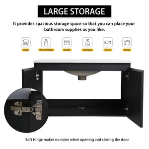 English Elm 30" Wall-Mounted Bathroom Vanity Set With Ceramic Sink, Soft-Close Doors & Ample Storage Solution W999S00331