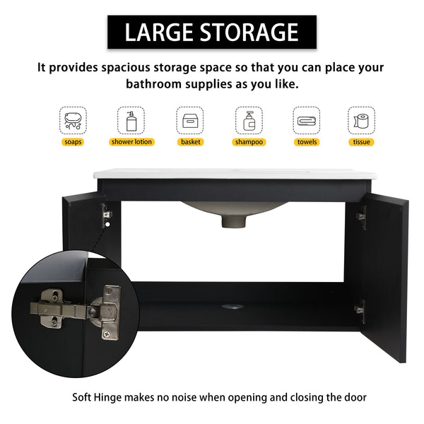 English Elm 30" Wall-Mounted Bathroom Vanity Set With Ceramic Sink, Soft-Close Doors & Ample Storage Solution W999S00331