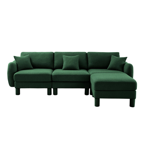 English Elm Boucle Fabric Convertible L-Shaped Sectional Sofa With Shell Armrests, Removable Ottoman, Green Chic Design W3041S00309