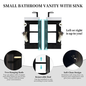 English Elm 16 16 inch bathroom vanity sink combo for small spaces with stone sink, soft-close doors, storage pockets Black + Dark Walnut 19.3 L x 13 W x 30.7 H W3520P327619