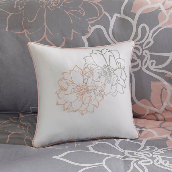 JLA Home Madison Park - 6 Piece Printed Duvet Cover Set with Floral & Stripe Motifs, OEKO-TEX Cotton, Button Closure Tie System Grey/Peach MP12-5673