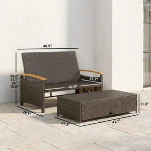 English Elm 4-in-1 Wicker Outdoor Daybed with Acacia Armrests Reclining Loveseat and Storage Ottoman Gray T3971P484825