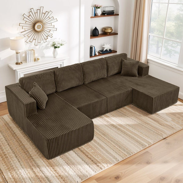 English Elm U-shaped Modular Corduroy Sectional Sofa Sleeper Spacious Living Room Lounge Couch Brown W487S00424