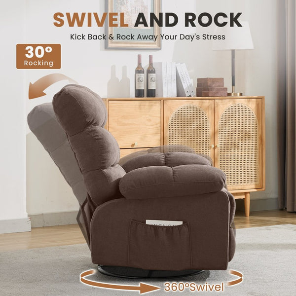 English Elm Swivel Rocker Recliner Ergonomic Glider Chair with Storage Pockets for Small Spaces Brown W1521P479285