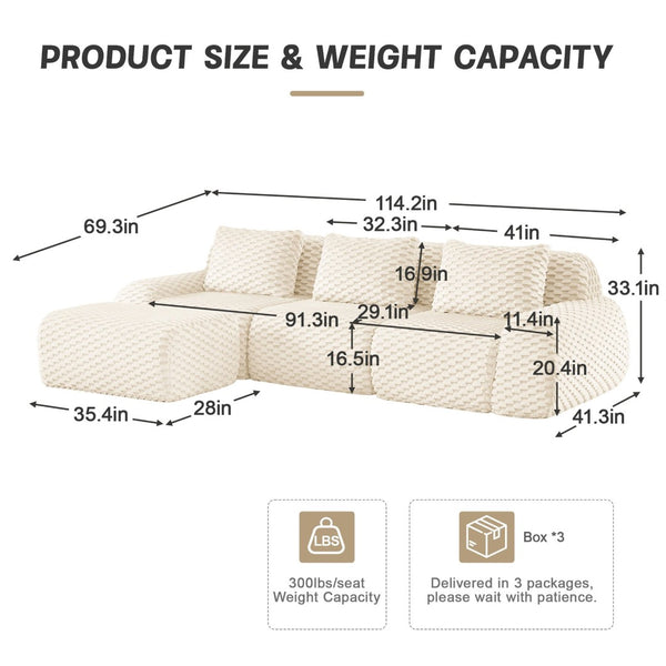 English Elm 114" Modular L-shaped Sectional Flannelette Sofa with Ottoman for Spacious Living Rooms Cream W714S01519