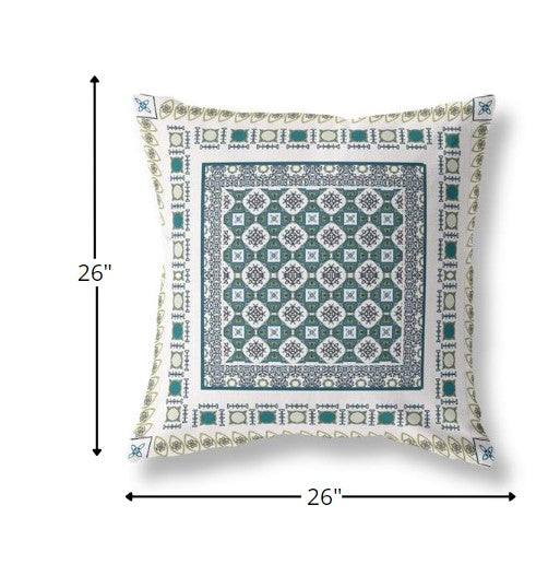Homeroots 26” White Green Block Indoor Outdoor Zippered Throw Pillow   411013