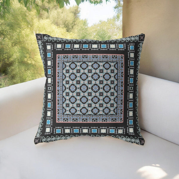 Homeroots 26” Black Blue Block Indoor Outdoor Zippered Throw Pillow   411038