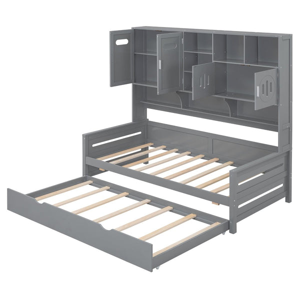 English Elm Twin Size Wooden Daybed With Trundle, Integrated Storage Cabinet & Shelves For Kids' Rooms, Gray N820S00026E-GIGA