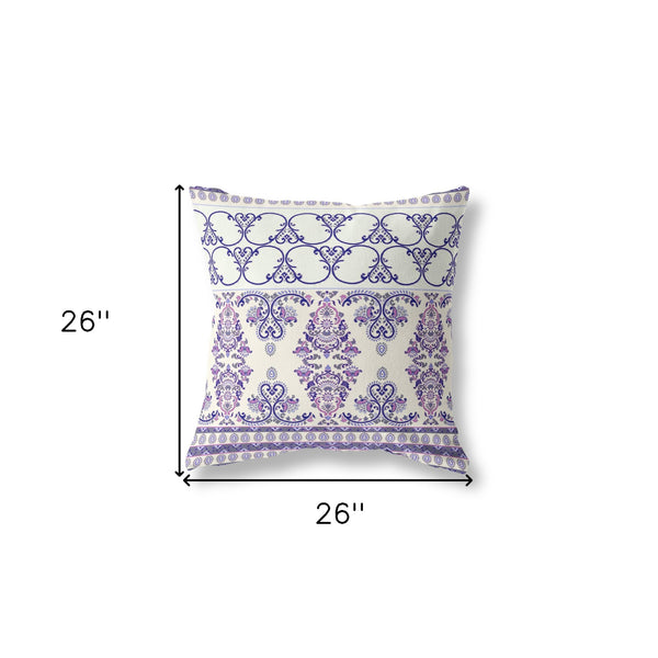 Homeroots 26" X 26" Off White And Navy Zippered Damask Indoor Outdoor Throw Pillow   411108