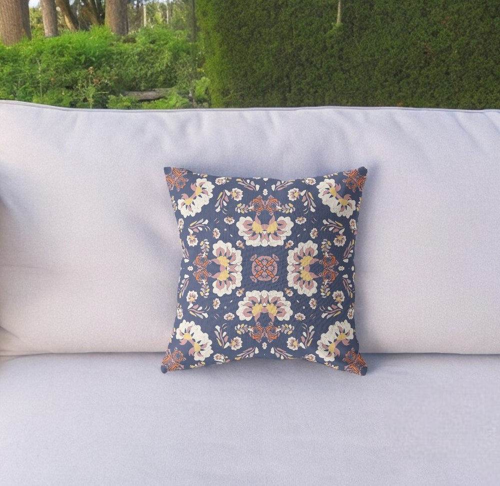 Homeroots 26" Blue White Floral Indoor Outdoor Zip Throw Pillow   411168