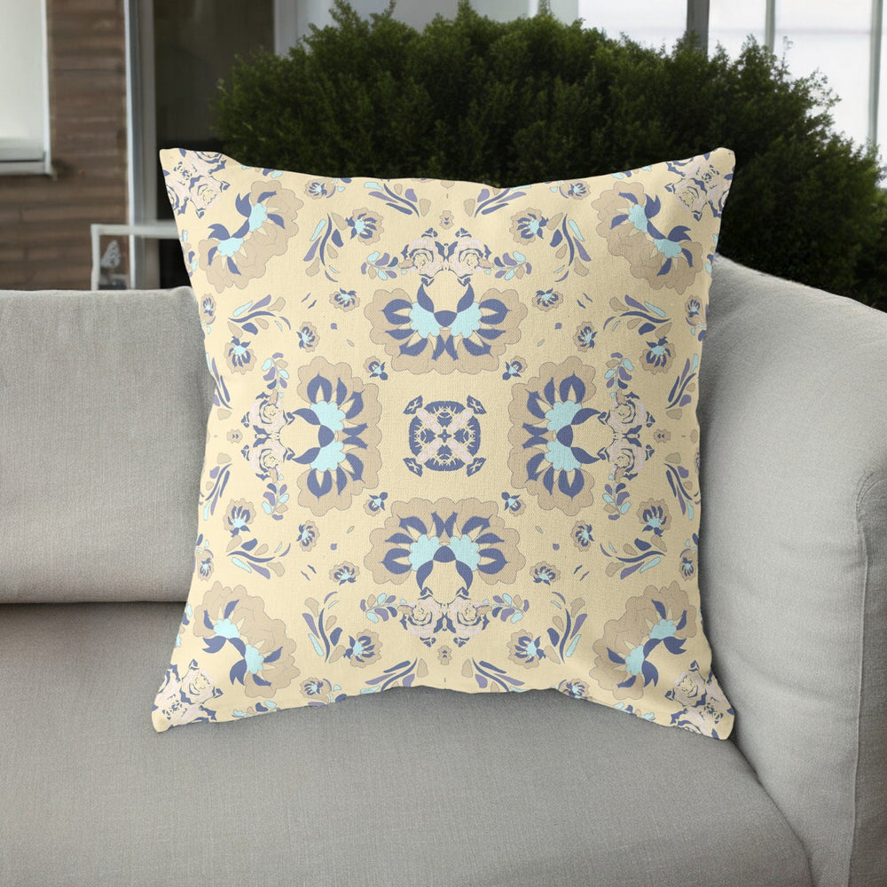 Homeroots 26" Beige Blue Floral Indoor Outdoor Zip Throw Pillow   411173