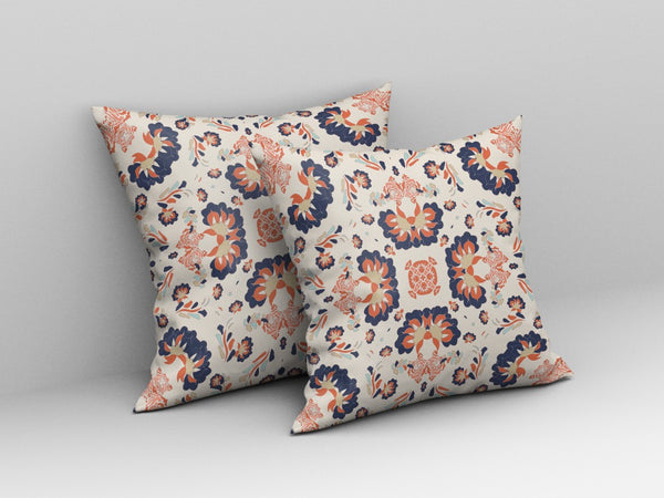 Homeroots 26" X 26" Off White And Blue Zippered Floral Indoor Outdoor Throw Pillow   411183