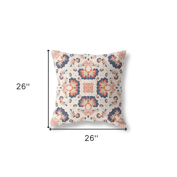 Homeroots 26" X 26" Off White And Blue Zippered Floral Indoor Outdoor Throw Pillow   411183