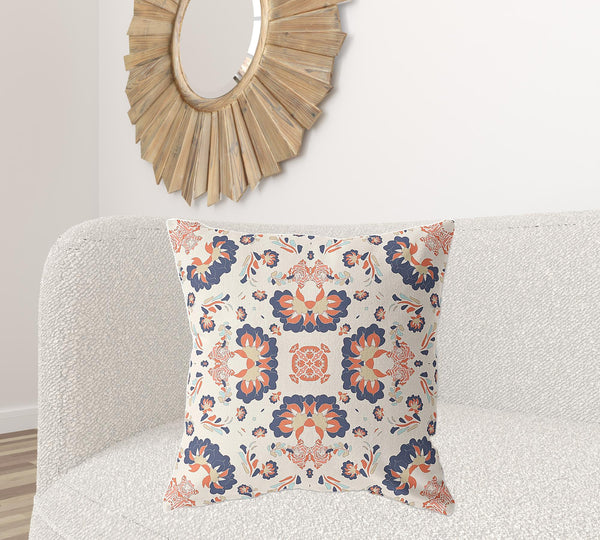 Homeroots 26" X 26" Off White And Blue Zippered Floral Indoor Outdoor Throw Pillow   411183
