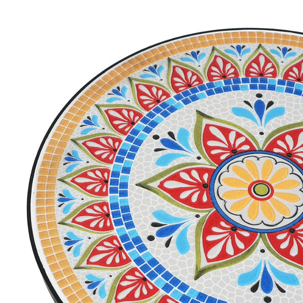 English Elm Outdoor Mosaic Ceramic Tile Round Side Table with Curved Wrought Iron Patio Accent Red+Black N773P365597R