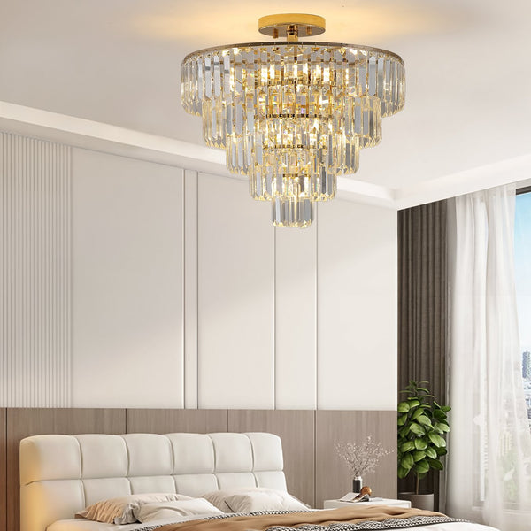 English Elm Gold Crystal 5-Tier Round Chandelier Semi-Flush Modern Luxury K9 Crystal Ceiling Light Fixture W2312P374964