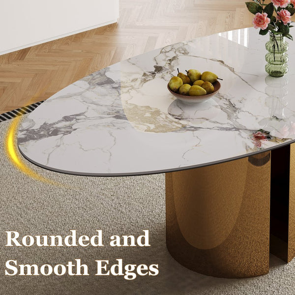 English Elm 70.9-Inch Sintered Stone Oval Dining Table With Copper Base – Modern, Sturdy, Family-Friendly Design! W509S00150