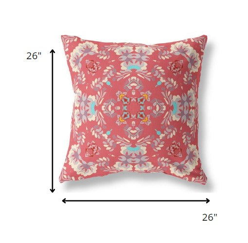 Homeroots 26" Red White Filigree Indoor Outdoor Zip Throw Pillow   411203