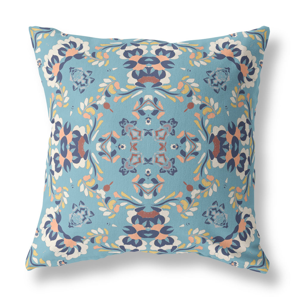 Homeroots 26" Blue Peach Filigree Indoor Outdoor Zip Throw Pillow   411218