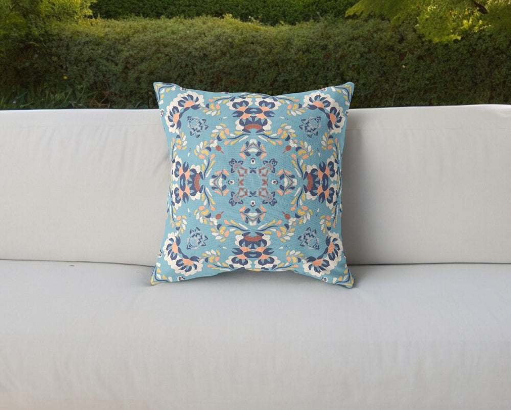 Homeroots 26" Blue Peach Filigree Indoor Outdoor Zip Throw Pillow   411218