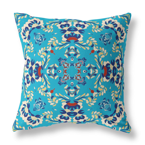 Homeroots 26" Cyan Blue Filigree Indoor Outdoor Zip Throw Pillow   411223