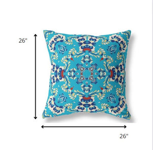 Homeroots 26" Cyan Blue Filigree Indoor Outdoor Zip Throw Pillow   411223