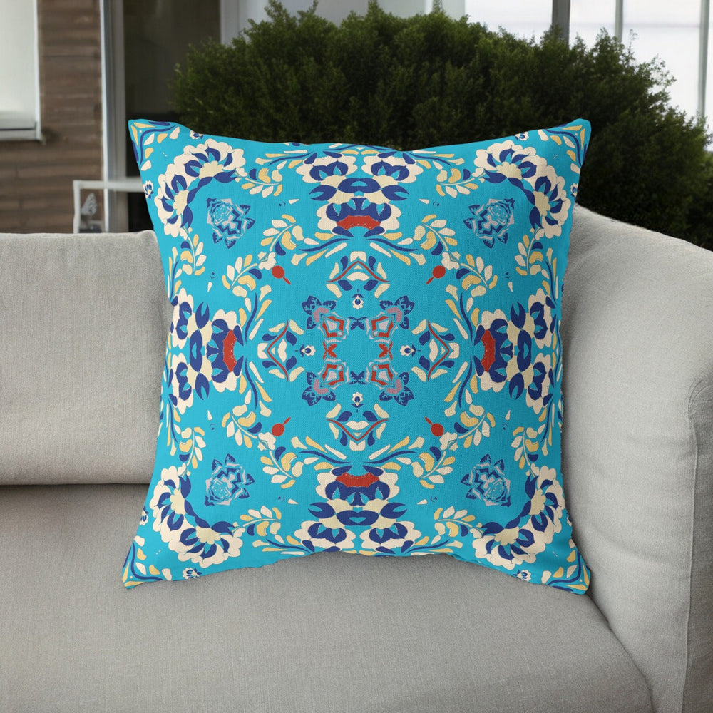 Homeroots 26" Cyan Blue Filigree Indoor Outdoor Zip Throw Pillow   411223